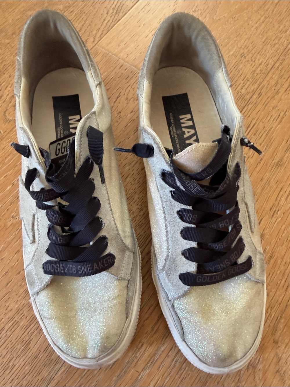 Golden Goose Women's Glitter Low-Top Sneakers in Pale Gold with Black Laces